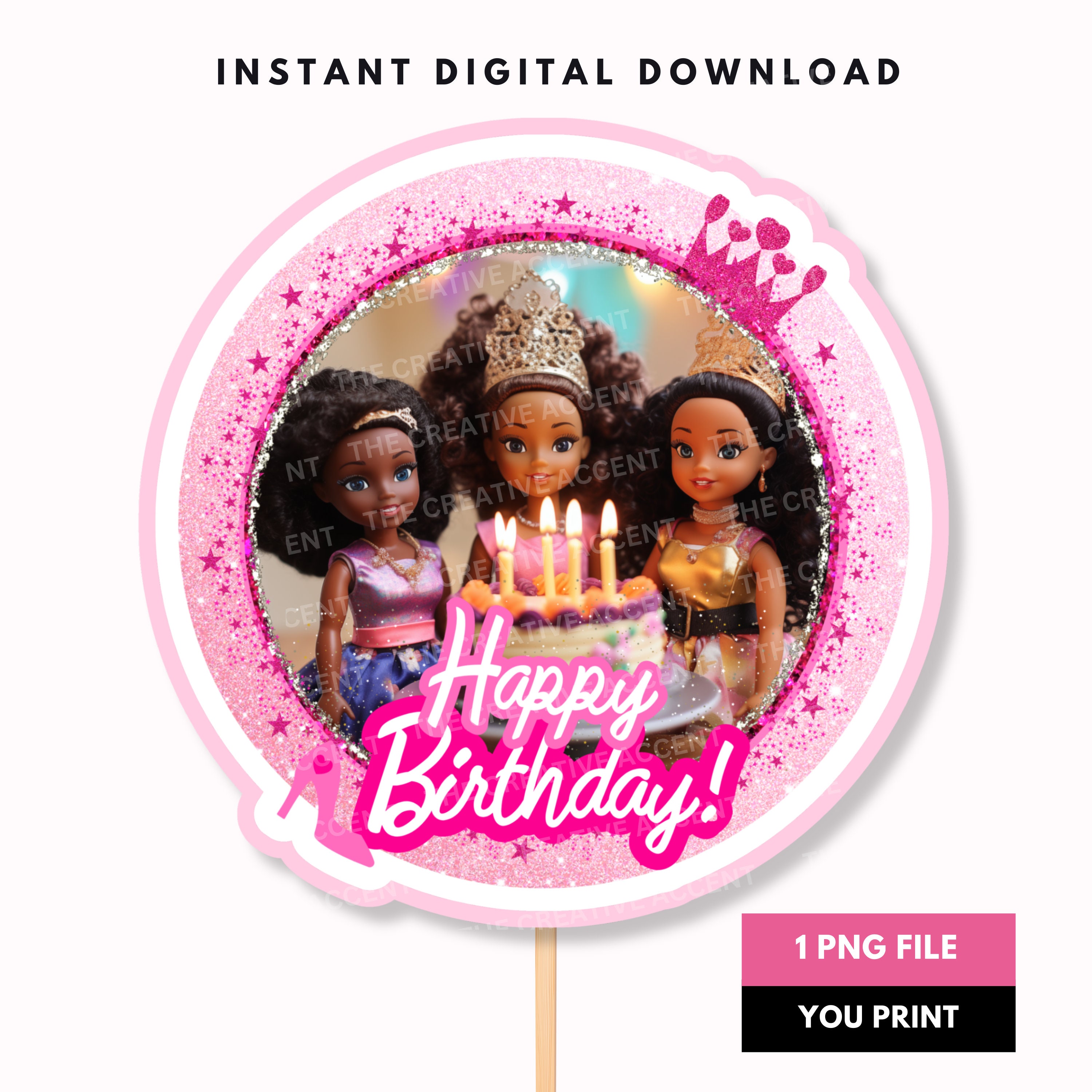 Instant Download Black Doll Cake Topper 1 Printable PNG Pink Little Black Girl Party Digital File Afro Hair Version Themed Clipart Etsy
