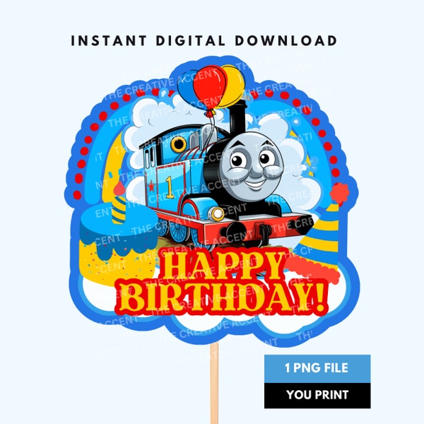 Printable Train Cake Topper, Instant Download, 1 PNG Digital File, Tom the Train and Friends Inspired Birthday, Clipart, Birthday Boy Decor
