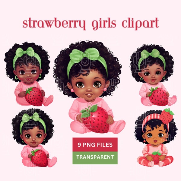 Strawberry Baby Girl Clipart, 9 PNG, Afro Black Baby Girl, Cute Strawberry Shortcake Theme, Pink, Red Green, Cute, Strawberry Baby Shower
