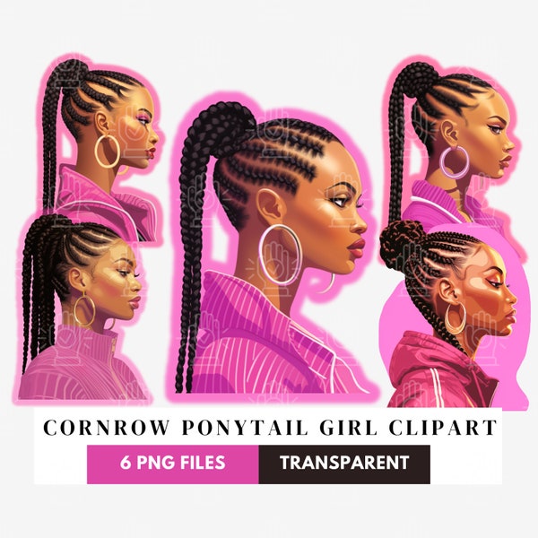 Black Woman Cornrow Ponytail Clipart, Beauty Salon, Supply Product Hairstyle Illustration, Girl Braids, Ethnic Hair Stylist Pink Cartoon