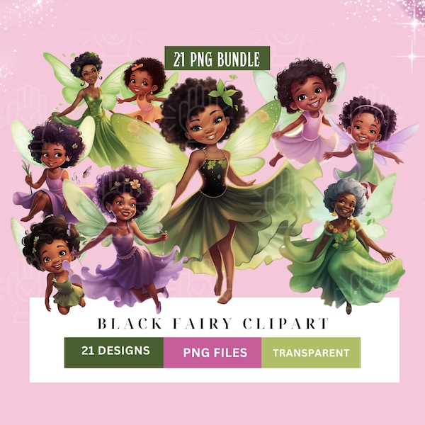 Black Fairy Clipart, 21 PNG Bundle, Multi-generational Women, Teen, Tween, Toddler, Baby Fairies, Grandma Fairytale Character, Tinker bell