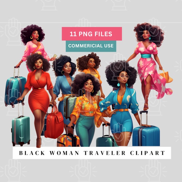 Black Woman Travel Clipart, Traveling Ladies in Dresses, Curvy Women, Brown Girl Afro, Cartoon, Traveling Suitcase PNG, Girls trip