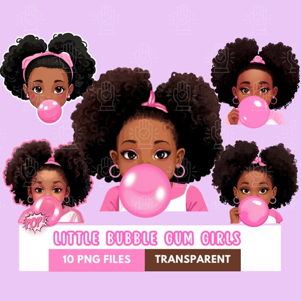 Black Girl Popping Bubble Gum, 10 PNG, Little Baby Clipart, Pink Baby Shower, Ready To Pop! Theme,  Gender Party, African-American Toddler