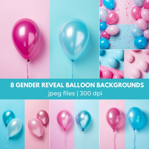 Gender Reveal Background Digital Paper, 8 JPEG, Half Blue and Pink Balloons Ai Art, Surprise Boy or Girl Invite Overlay