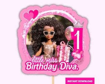 Printable Doll Cake Topper, Afro Black Girl Diva, PDF + PNG Instant Download, Purple, Pink, Toddler Movie Happy Birthday Party, Digital File