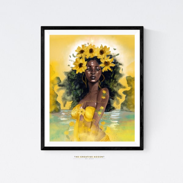 Oshun Wall Art, Black Woman Printable, Sunflowers wall art, African goddess art, black art, Black girl Flower