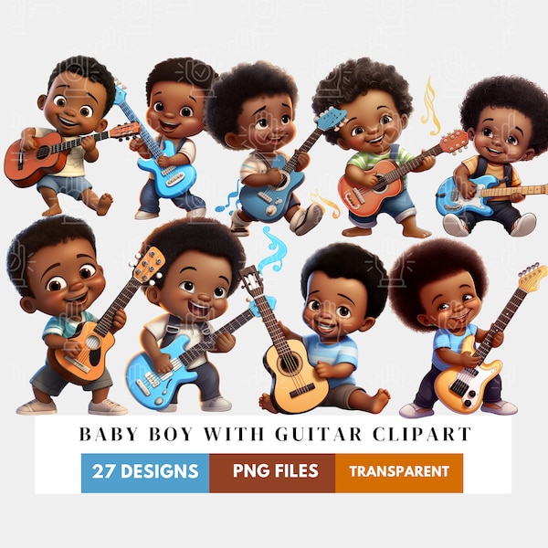 Black Boy Playing Guitar Clipart, PNG bundle, Kid With Instrument, Musician, Afro Rock n Roll, African-American Performing Arts Child Talent