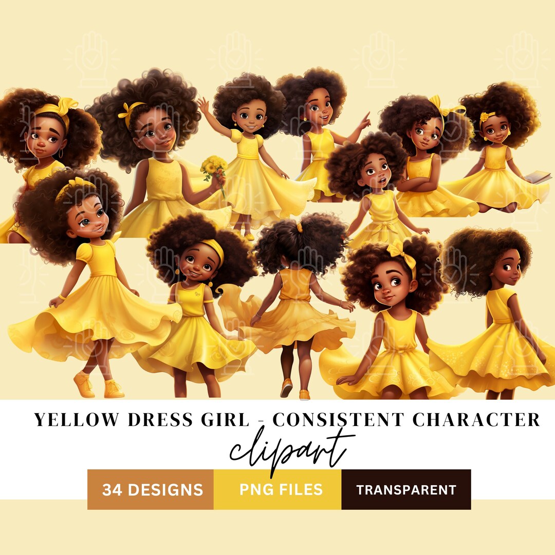 Cute Black Girl in Yellow Dress, Consistent Character Clipart, 34 PNG