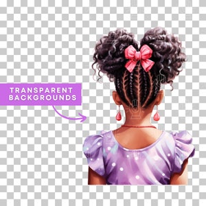 Black Girl Hairstyle Clipart, 12 PNG, Watercolor Back View Images, Little Afro Puffs, Pigtails, kids braids, natural hair, African-American image 2