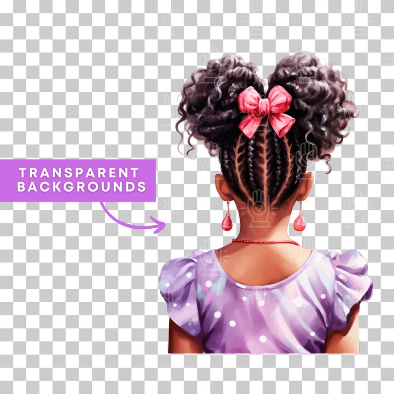 Black Girl Hairstyle Clipart, 12 PNG, Watercolor Back View Images, Little Afro Puffs, Pigtails, kids braids, natural hair, African-American image 2