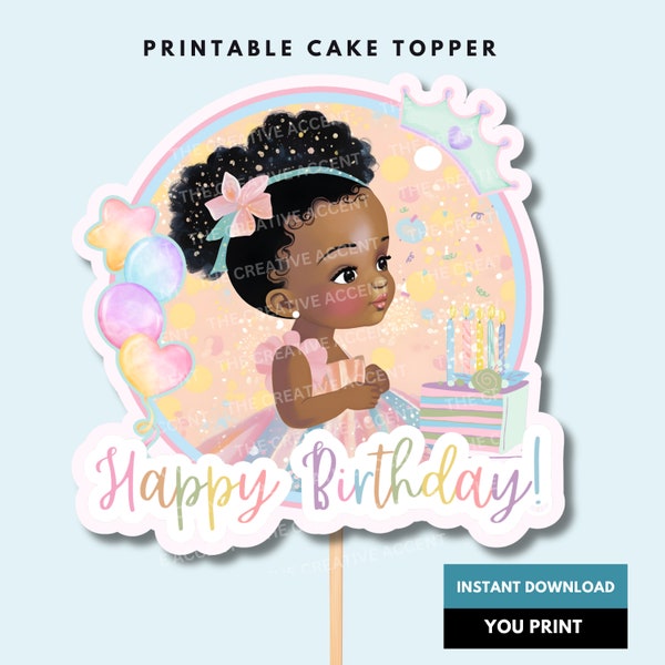 Printable Black Girl Cake Topper, Pastel Happy Birthday Party, African American Decor, Download & Cut, PDF + PNG