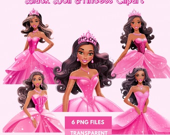 Black Princess Doll Clipart, 5 PNG, Black Girl, Young Woman with Crown and hot pink dress, Dark-Skinned African American Queen Party