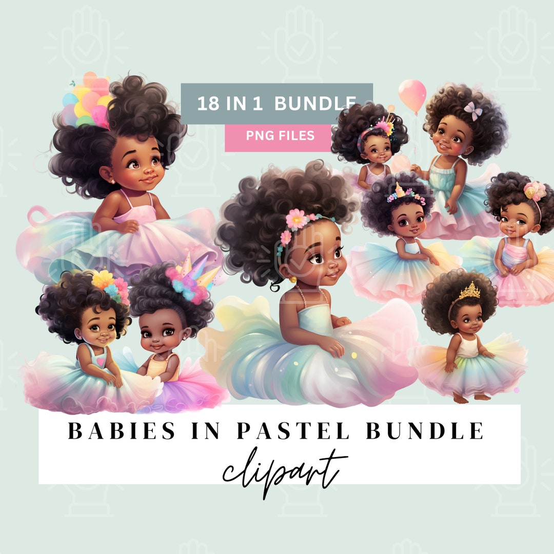 Black Baby Girl in Pastel Colors Dresses Clipart, Little Newborn PNG
