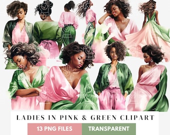 Black Women in Pink & Green Clipart, 13 PNG, Beautiful African American Sorority Ladies, Watercolor Art, Alpha Kappa Alpha inspired, AKA D9