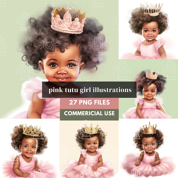 Little Black Girl Princess Watercolor Illustrations, 27 PNG, NOT transparent background, Pink Tutu dress, Baby Shower, Gold Crown, Afro hair