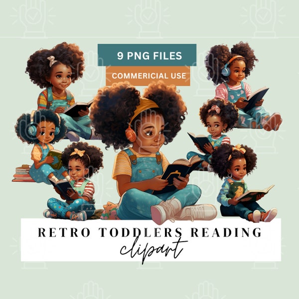 Unique Black Girl Reading Clipart, Little Toddler, Retro child cartoon illustration, 9 PNG, Reading, School, Writing, African-American afro