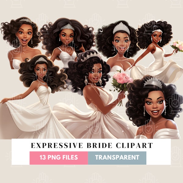 Black Expressive Bride Clipart, 13 PNG, Funny Wedding, Excited Woman, Fun Surprised Cartoon Illustration, White Veil, Engagement Party Gift