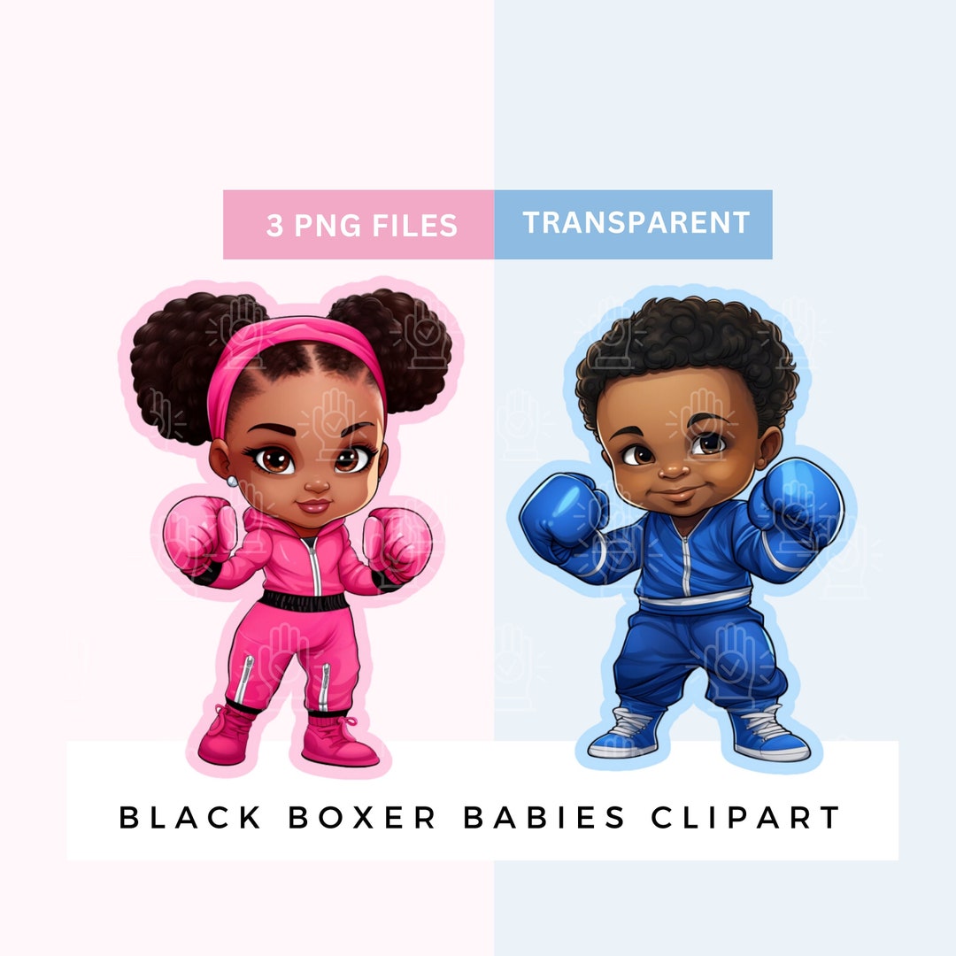Black Baby Boxer Gender Reveal Clipart, Little Boy and Girl Boxer, Royal Blue Vs. Hot Pink