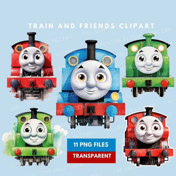 The Train and Friends Clipart, 11 PNG, Tom Train Inspired, Steam Tank Engine Vehicle, Birthday, Transportation Watercolor Illustrations