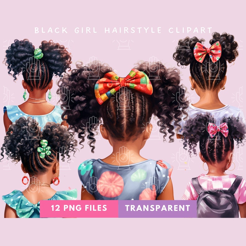 black girl hairstyle clipart, little  black girl afro puffs, braids pigtail watercolor illustration