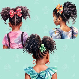 Black Girl Hairstyle Clipart, 12 PNG, Watercolor Back View Images, Little Afro Puffs, Pigtails, kids braids, natural hair, African-American image 7