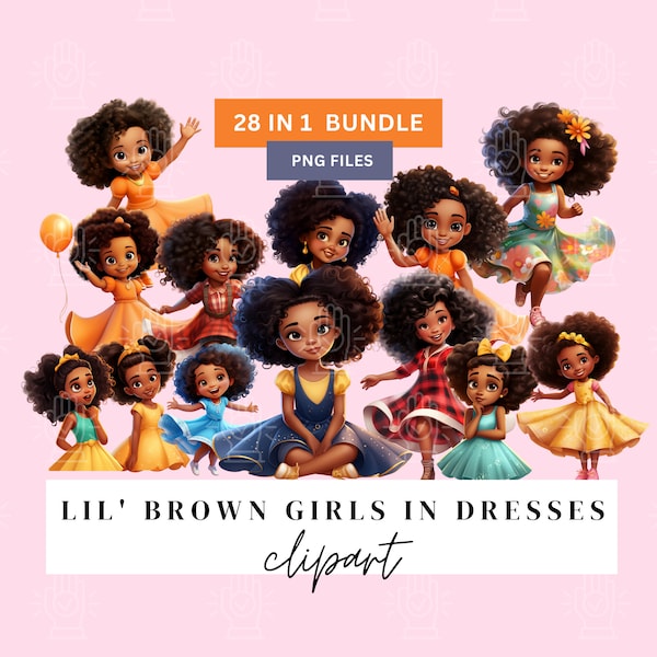 Little Black Girl Clipart, Dress, 28 PNG, Brown Toddler Girls in Cute Dresses, Birthday Party, Children's book illustration, Afro Girl