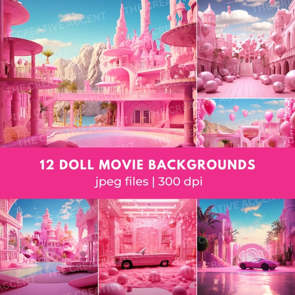 Doll Movie Background Digital Paper, 12 JPEG Digital Papers, Ai, Pink Fashion Dream Dollhouse World, Balloons, Girly Overlay
