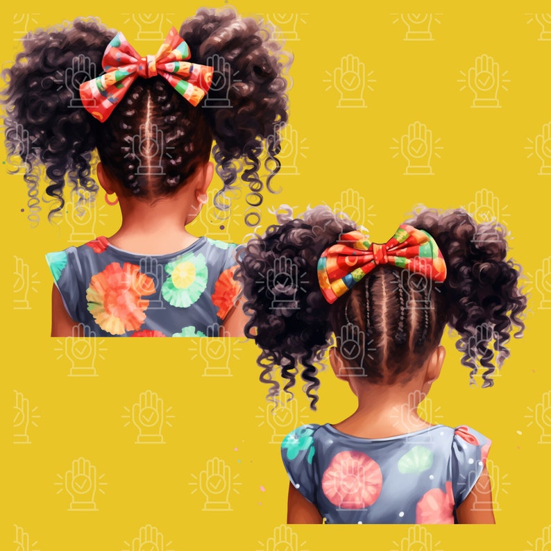 Black Girl Hairstyle Clipart, 12 PNG, Watercolor Back View Images, Little Afro Puffs, Pigtails, kids braids, natural hair, African-American image 6