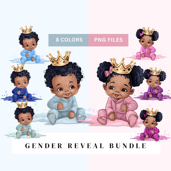 Black Gender Reveal Clipart, Little Black Boy Prince & Little Black Baby Girl Princess, Baby Shower, Watercolor Illustration, Gold Crown PNG