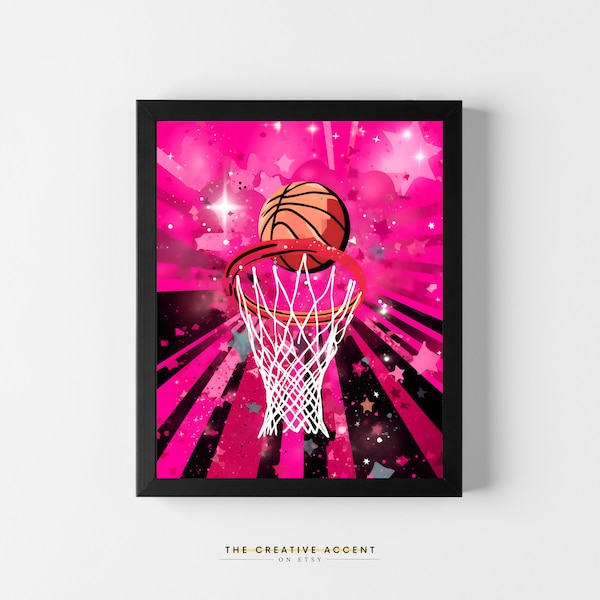 Pink Basketball Printable Wall Art, 8x10, 16x20, Hoop and Ball, Sports Kids Decor, Girls Poster, Nursery Room