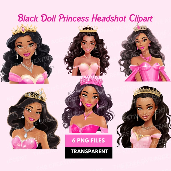 Black Doll Princess Clipart, 6 PNG, Headshots, Black Girl, Young Woman with Crown, Dark-Skinned Queen Party, Pink
