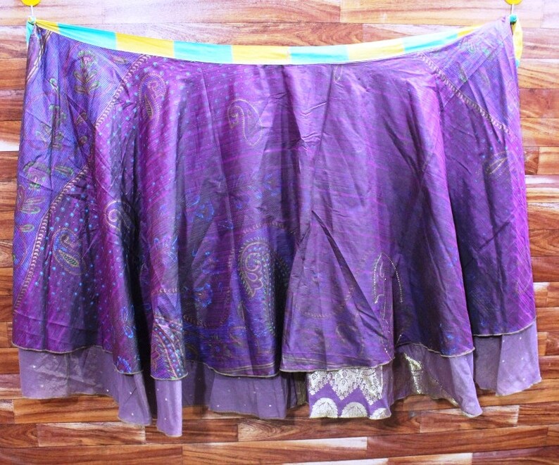 Bohemian Art Silk Sari Skirt Double Layer Reversible Skirt Handmade Vintage Sari Skirt Women/'s Long Magic Wrap Skirt