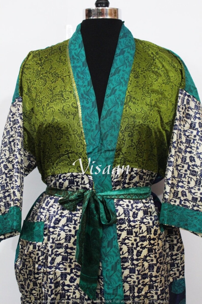 Indian Silk Sari Kimono Beautiful Floral Print Silk Sari Kimono robe Handmade Patchwork Night Gown Women/'S Beach Wear Dress