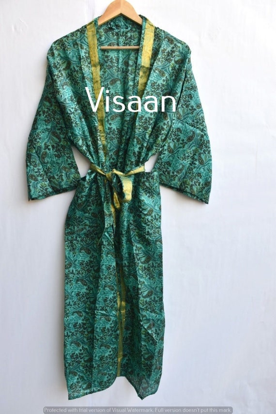 Handmade Pure Silk Sari Kimono Women's Bathrobe Long Caftan Robe Bohemian Night Gown Silk Robe Floral Print Beach Kimono