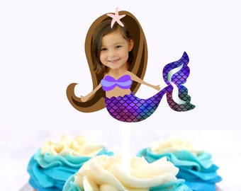 Personalized Mermaid Cupcake Toppers, Your Face, Free US Shipping