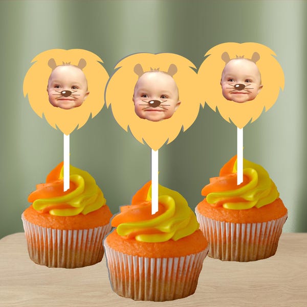 Personalized Lion Face Cupcake Toppers: Circus Jungle Party (Set of 12)