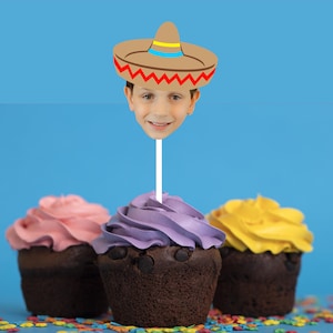 Mexican Fiesta, Cinco de Mayo Sombrero Personalized Face Photo Cupcake Picks, set of 12
