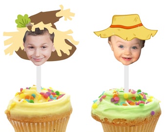 Personalized Farmer or Scarecrow Cupcake Toppers, Your Face, set of 12