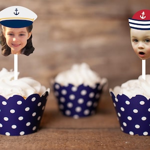 Nautical Personalized Photo Cupcake Toppers, set of 12, free shipping