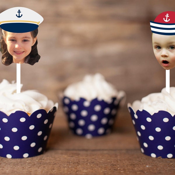 Nautical Personalized Photo Cupcake Toppers, set of 12, free shipping