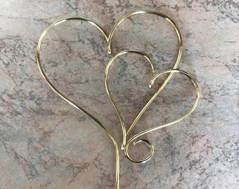Double Heart Wedding Cake Topper: Gold or Silver Finish