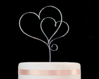 Double Heart Wedding Cake Topper: Gold or Silver Finish