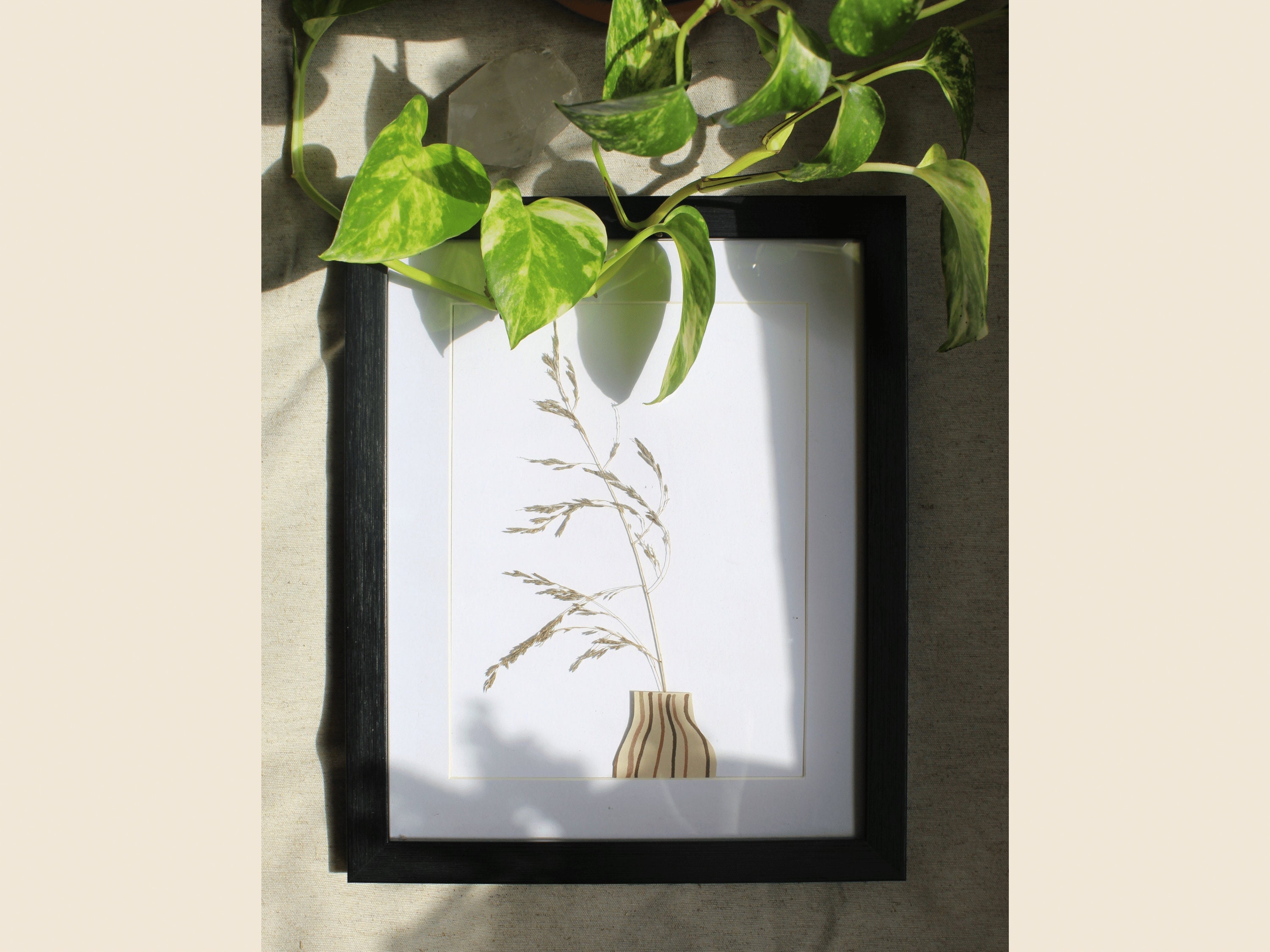 Illustration Encadrée Le Vase Rayé et Sa Fleurs Séchées