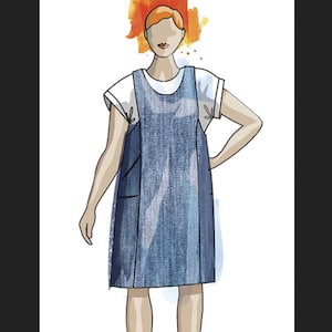 May include: Illustration of a person wearing a denim overall dress over a white t-shirt, paired with brown boots. The figure has orange hair and is standing with one hand on their hip. The overall dress has pockets.