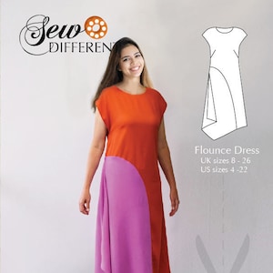 May include: A woman wearing a two-toned dress with a flounce hem. The dress is orange and pink. The dress is a sewing pattern for sizes UK 8-26 and US 4-22. The text "Flounce Dress" is on the image. The text "Sew Different" is in the top left corner of the image.