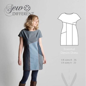May include: A sewing pattern for an essential denim dress. The pattern includes instructions for sizes 8-26 UK and 4-22 US. The image shows a woman wearing a denim dress made from the pattern.