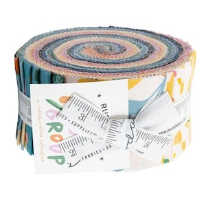 May include: Rolled fabric bundle with a variety of colourful patterns, including teal, yellow, and pink. The fabric is wrapped with a white ribbon and a tag that reads "GROUP FABRICS + SUPPLIES".
