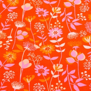 May include: Orange fabric with a repeating pattern of pink and orange flowers. The flowers are stylised and have a retro look.