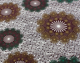 African Wax Cotton Mix Fabric with Large Floral design in Green and Yellow on White