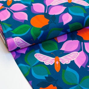 May include: A teal blue fabric with a repeating pattern of pink and orange flowers, green leaves, and white butterflies.